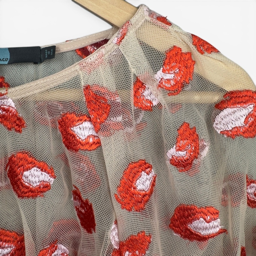 Eva Franco Cheetah Rose Mesh Blouse M Tan Red Embroidered Tie Cuff Art to Wear - Picture 6 of 9